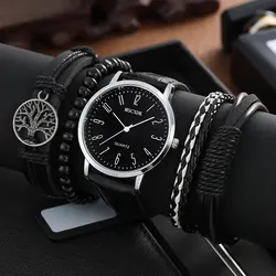 MSCXDK Brand 5pcs Black Quartz Watches Bracelet Men Business Casual Round Watch Life Tree PU Leather Bracelets Sets