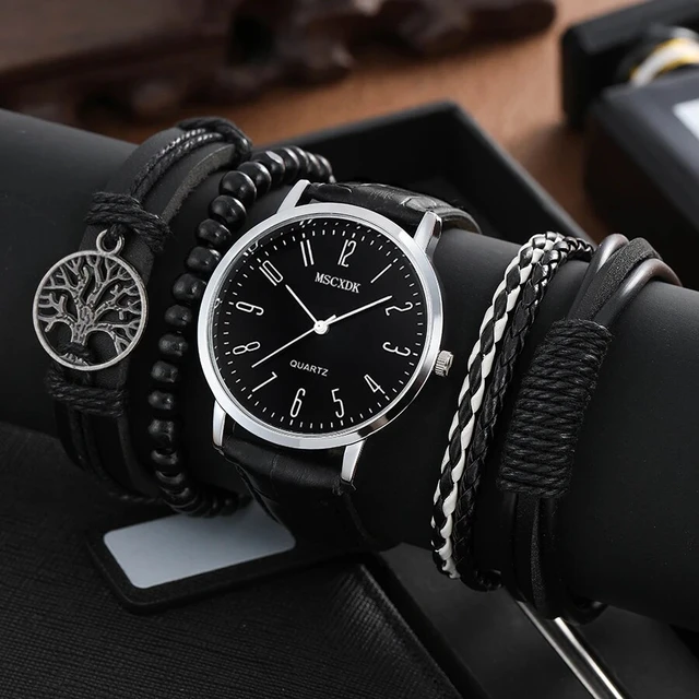 MSCXDK Brand 5pcs Black Quartz Watches Bracelet Men Business Casual Round Watch Life Tree PU Leather Bracelets Sets AliExpress 1511