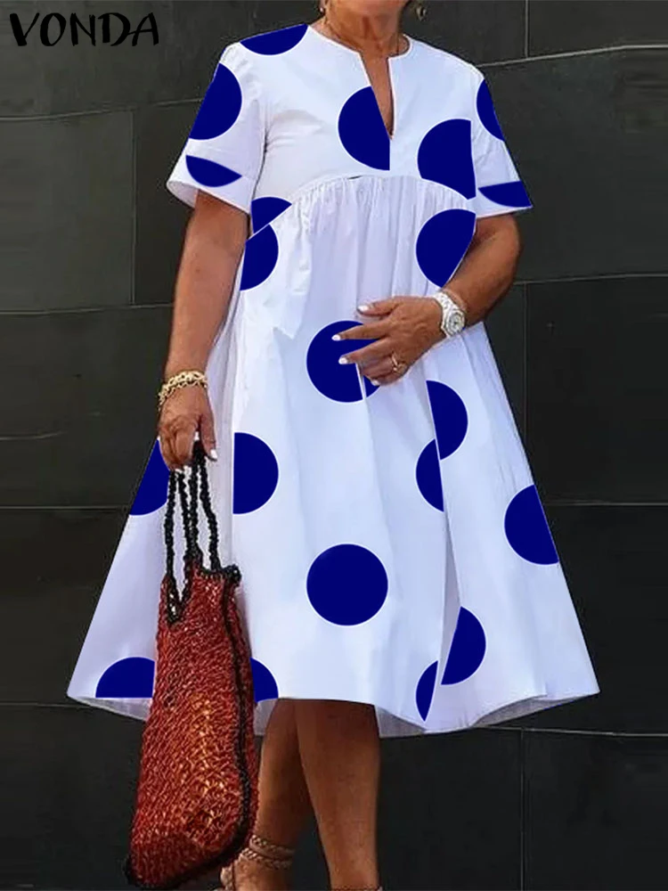 VONDA Plus Size 5XL Women Polka Dot Dress 2024 Summer V Neck Party Sundress Bohemian Maxi Long Dress Vestido Beach Robe Elegant