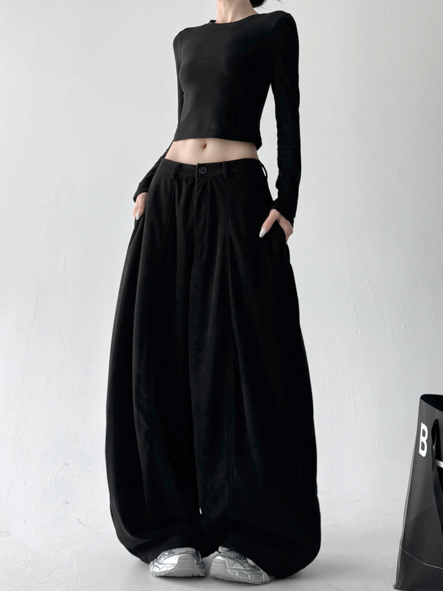 High Waist Loose Wide Leg Pants Floor Length Commuter Trousers Pure Color Casual Straight Cut Polyester Ladies Faion