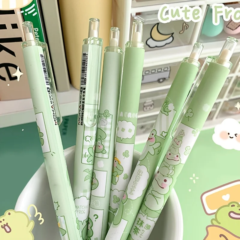 

6-Pack Cute Matcha Frog Gel Pens: Smooth Writing, Medium Point, Retractable - Perfect for Students & Office