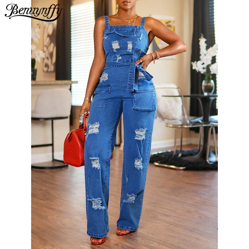 

Benuynffy Fashion Backless Zipper Belted Denim Overall Jumpsuit Women Summer High Waist Ripped Cargo Jeans Pants Streetwear