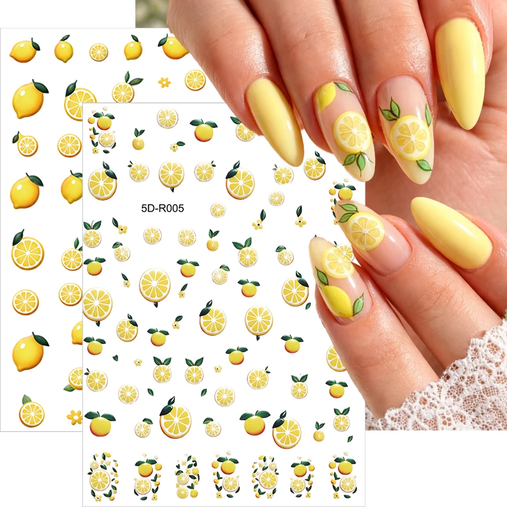 2pcs Lemon Slice Cherry Strawberry Nail Sticker 5D Summer Fruits Yellow Lemon Cute Flower Nail Art Decals DIY Manicure Decoratio
