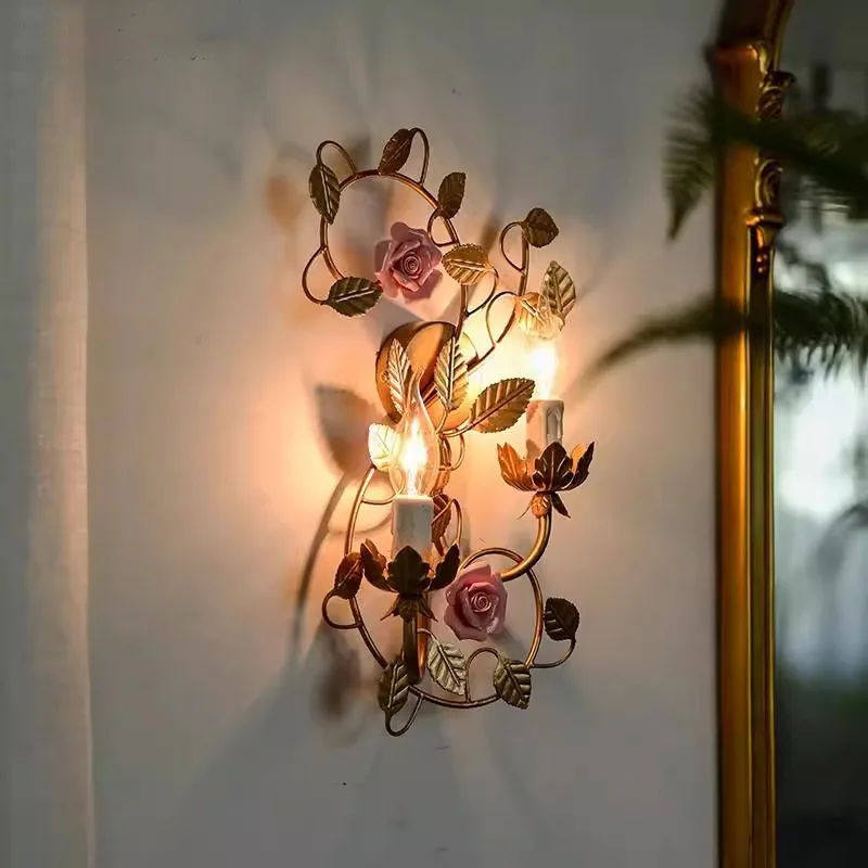 French Retro Ceramics Rose Wall Lamps Pastoral Romantic Living Room Background Bedside Wall Lights Kitchen Illumination Fixtures