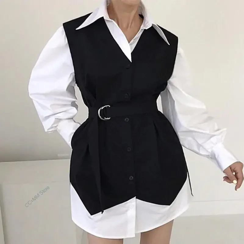 Koreanische Chic Revers Schwarz Weiß Kontrast Nähte Gefälschte Zwei-stück Spitze Up Taille Geschlossene Blase Hülse Hemd Kleid Frauen