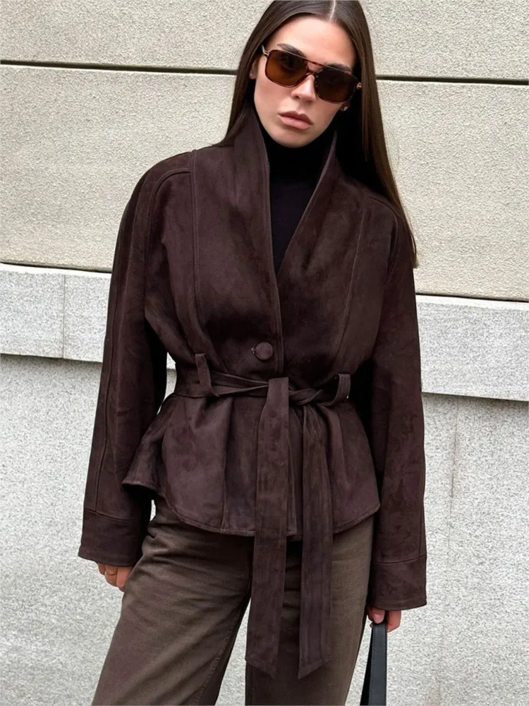 

New Autumn Winter Vintage Women Suede Lapel Long Sleeve Coat, Casual Office Lady Lace Up Outerwears, Chic High Street Outfits