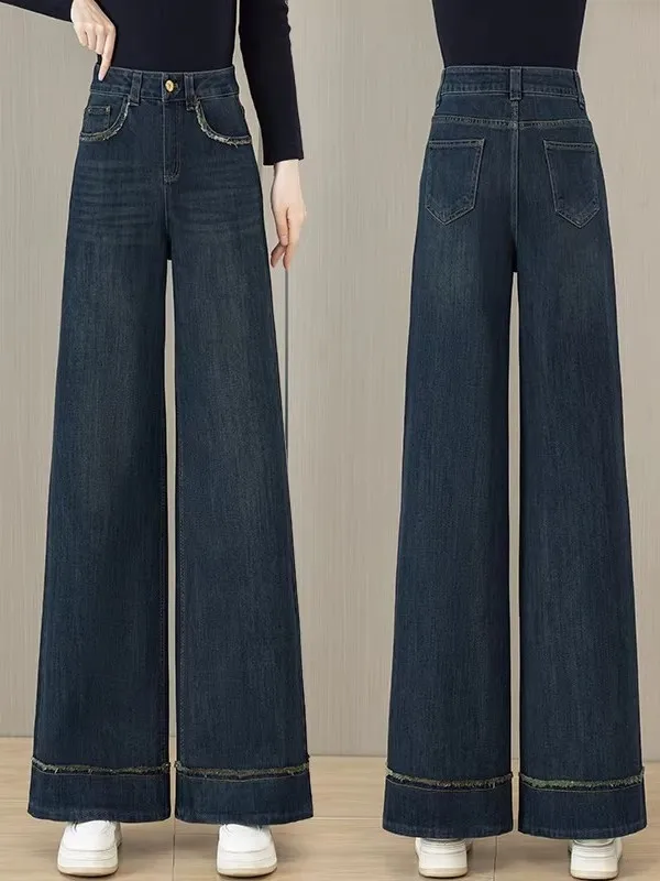 Retro Blue Wide Leg Denim Jeans Women's New 2025 Autumn Winter Fleece Lined High Waist Loose Wide Foot Straight Floor Length ...