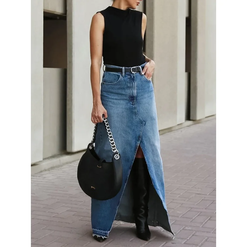 2024 Commuter Retro Distressed Frayed Blue Denim Skirt Spring Slim-Fit Loose Cotton A- line Skirt Long Skirt Fengsb