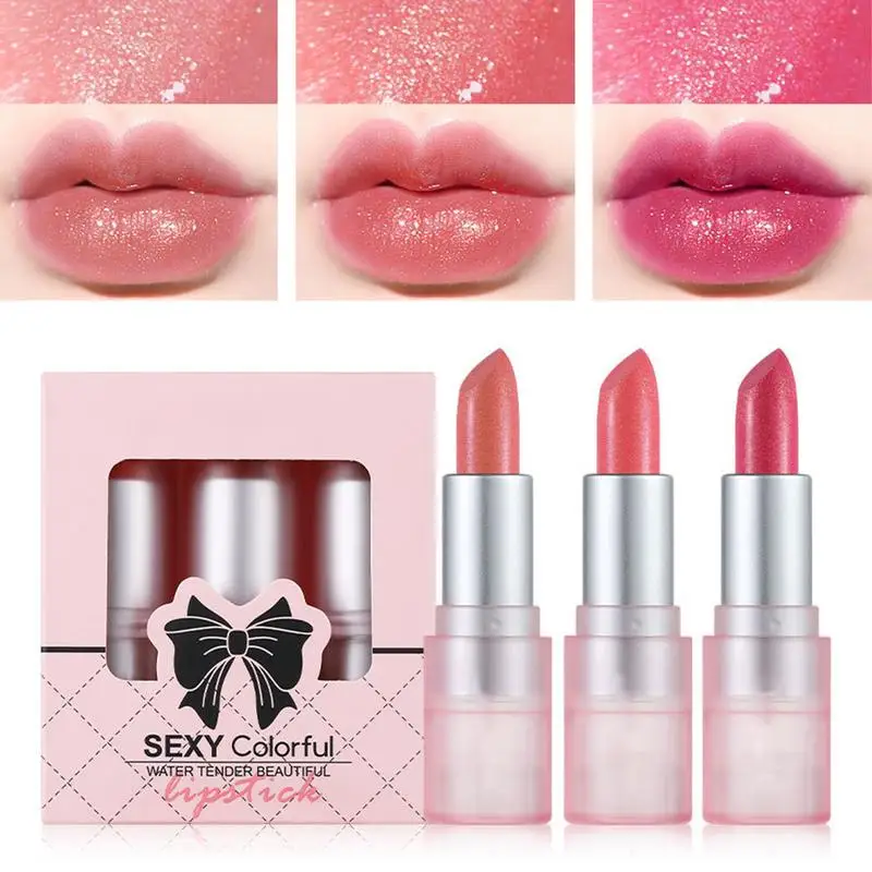 Shimmer Lipstick 3PCS Set di balsamo per le labbra idratante colorato per le donne prodotto portatile per la cura delle labbra per il regalo di san valentino labbra carine