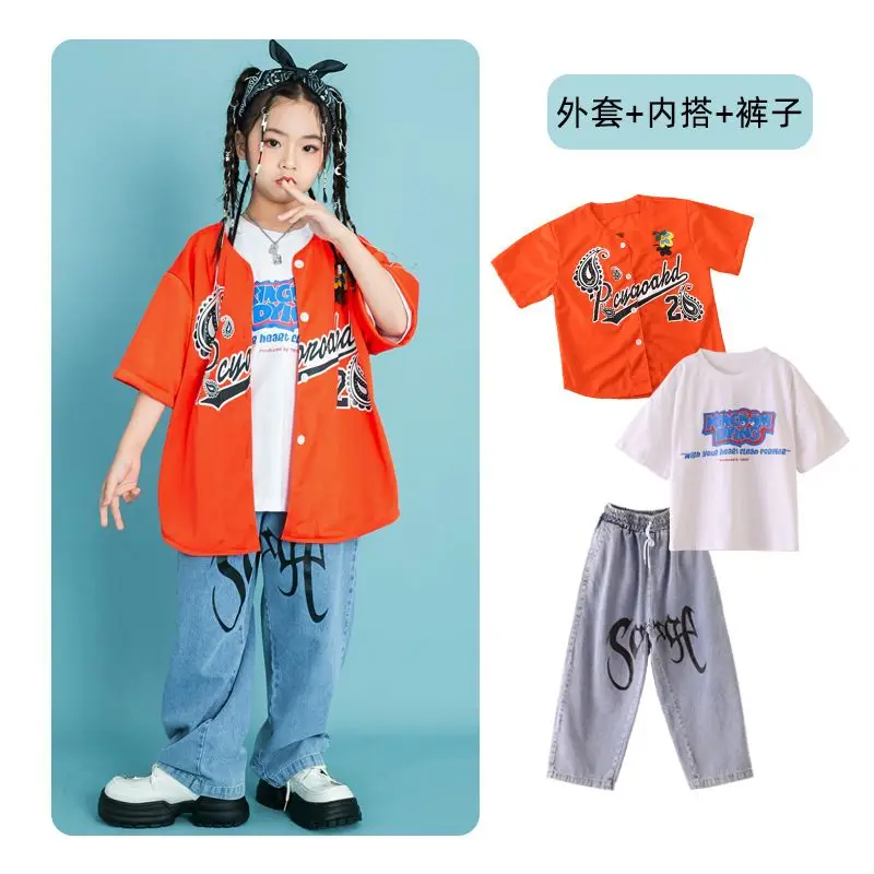 Kids Street Dance Clothing Hip Hop Costume Girls Orange Cardigan Baggy Pants Boys Kpop Costume Jazz Stage Show Wear 6 8 10 12 Y