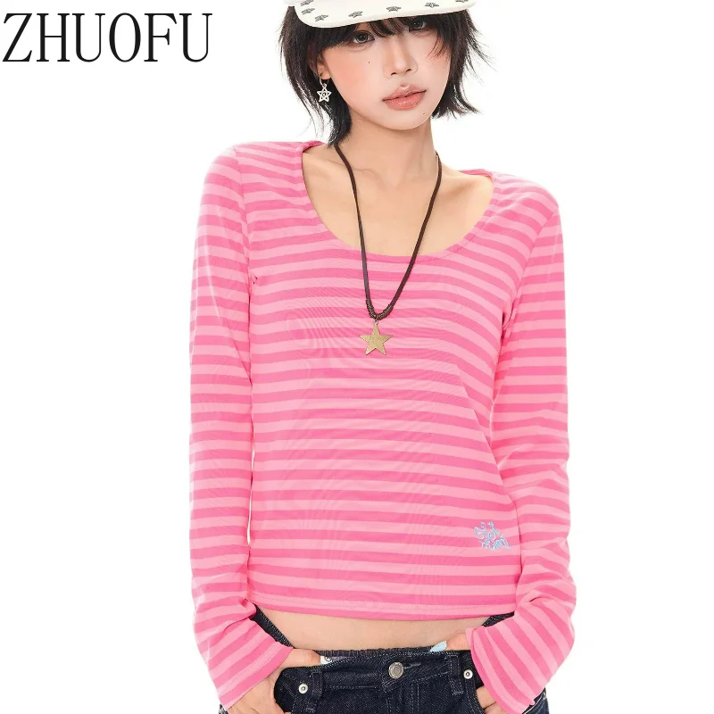 Korean Girl Design Pink Striped U-neck Long-sleeved Women's T-shirt 2026 Autumn New Slimming Versatile Bottoming Shirt Ladies