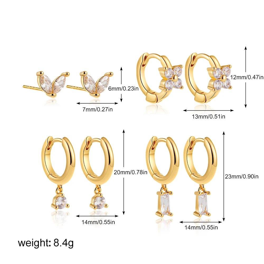 4pair Dainty Clear Cubic Zircon Geometric Mini Huggie Hoop Earrings Set 18K Gold Plated Cartilage Piercing Jewelry Female Gifts