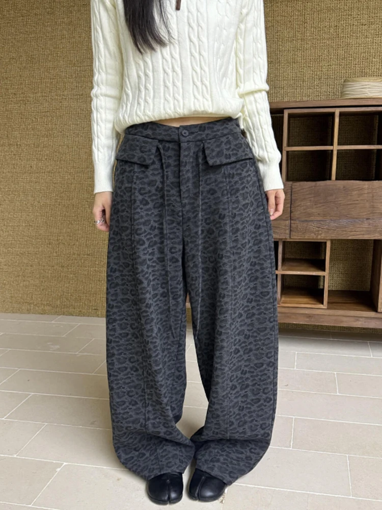 Retro leopard print woolen casual pants women 2025 new fashion trendy loose drawstring hanging street  wide leg pants