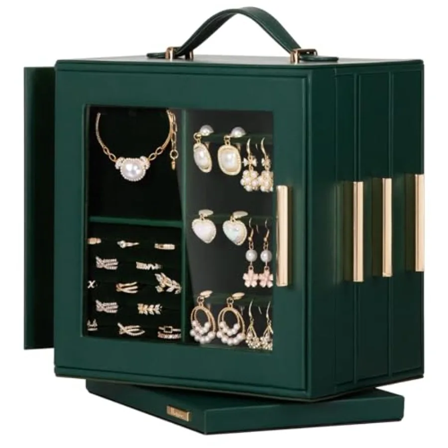 

Jewelry Box 360° Rotating Necklace Earring Organizer with Transparent Window Mirror 7 Drawers Large Ring Display Storage Case f