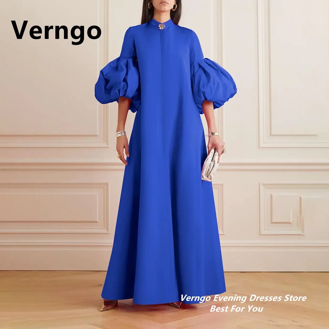 Verngo Blue/Pink/Red High Neck Long Puff Sleeves Formal Dress A Line Satin Party Dresses Prom Gowns Plus Size Prom Dress