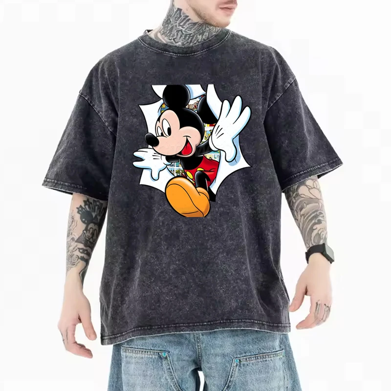 

Унисекс винтажная футболка из выстиранного хлопка в уличном стиле с принтом Микки Мауса, оверсайз, повседневная, с коротким рукавом, для мужчин и женщин