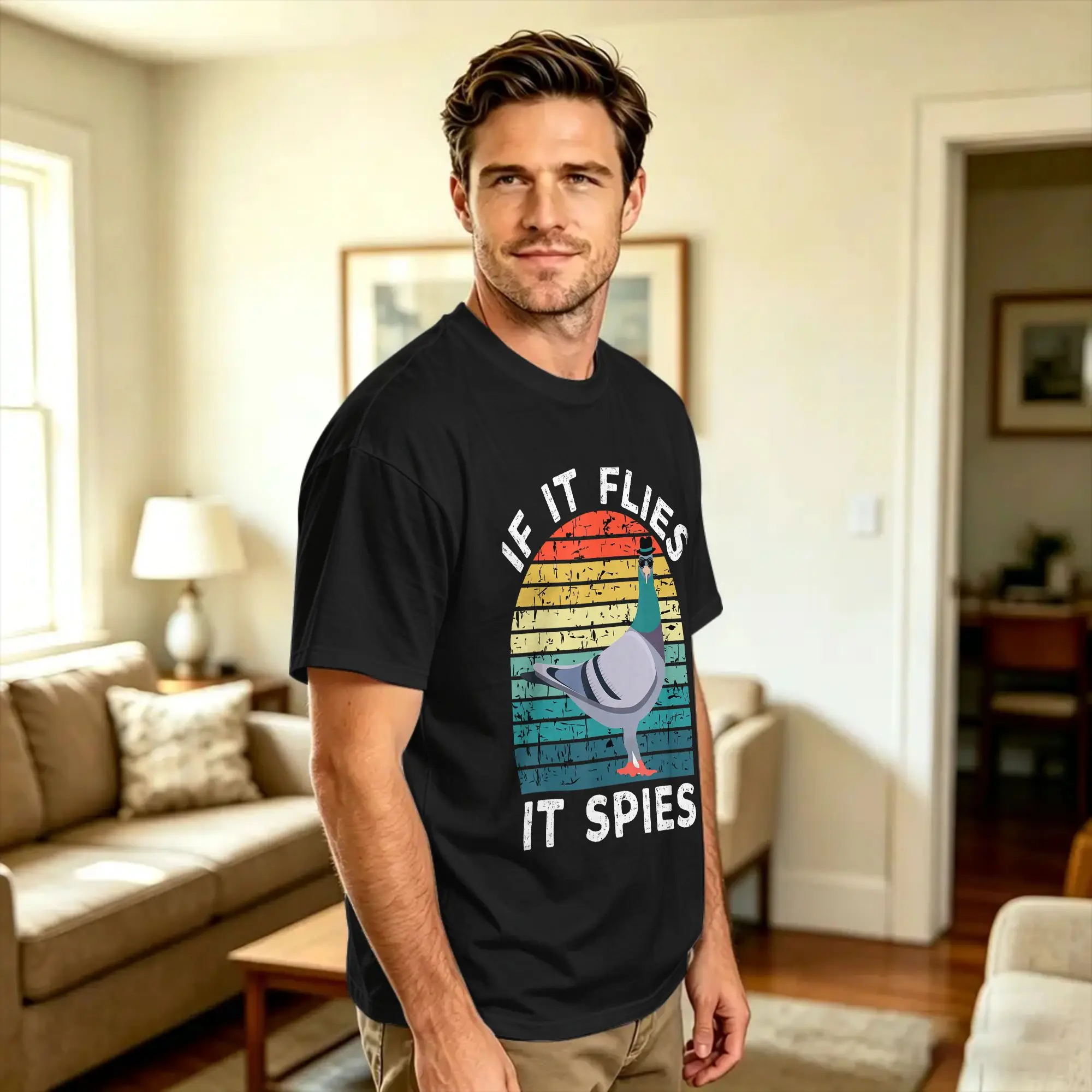 If It Flies It Spies Pigeons Are Liars Conspiracy Vintage T-Shirt  Leisure T-Shirts Short Sleeve Funny Tops 100% Cotton Clothing