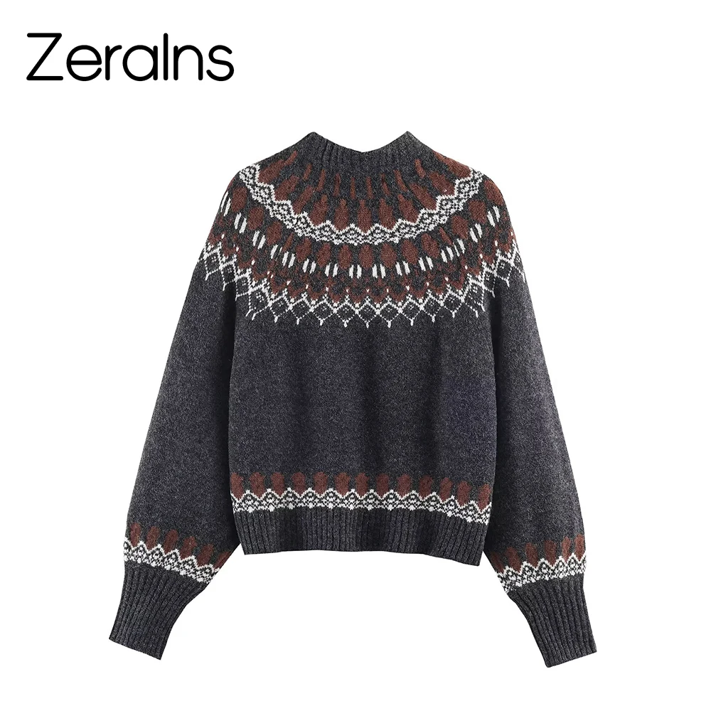 ZERAINS 2025 Winter New Product Women's Versatile Commuter Round Neck Long Sleeve Jacquard Knitted Shirt