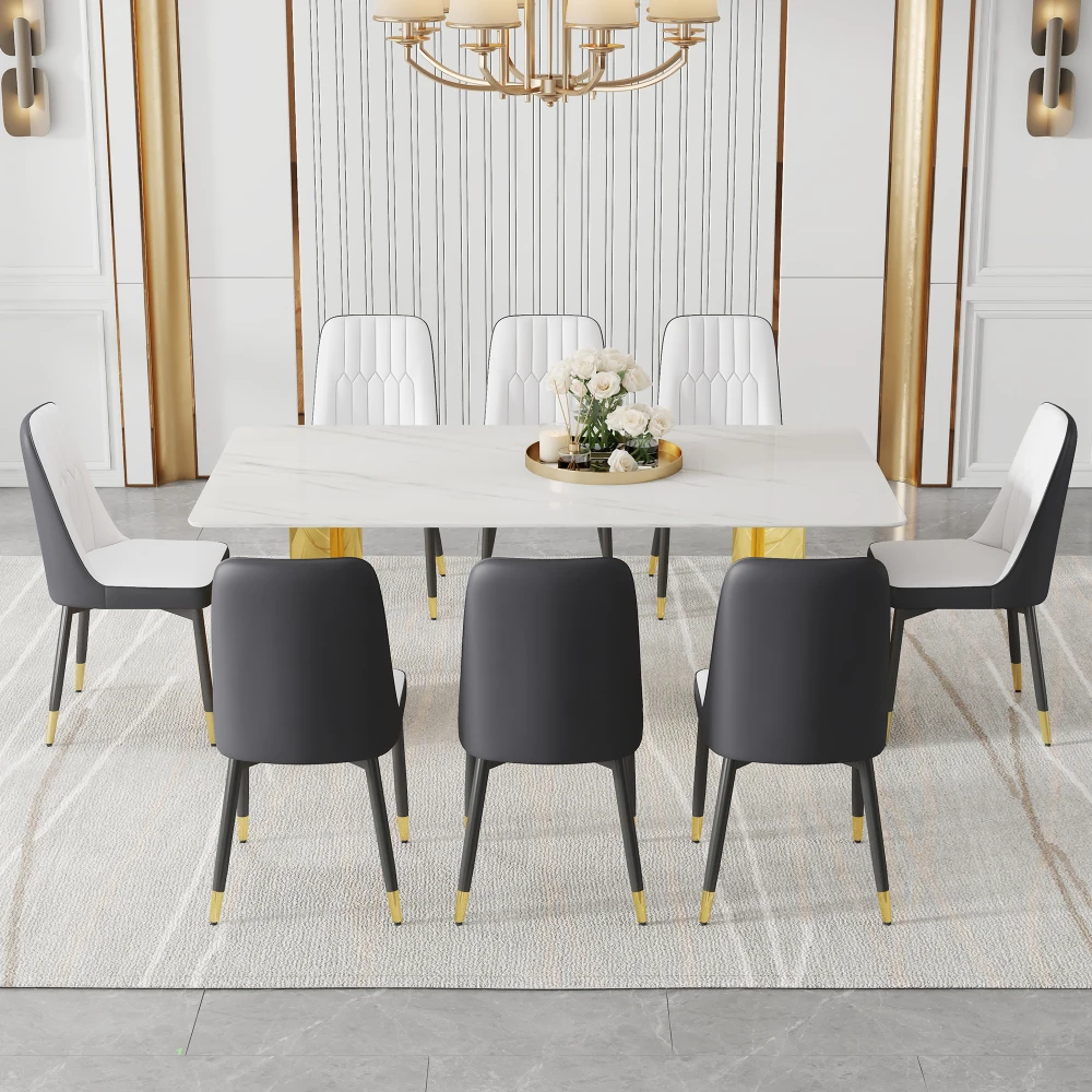 

Table & chair set: glass top with imitation marble stickers, stainless steel golden legs, 8 white-dark gray spliced PU dining ch