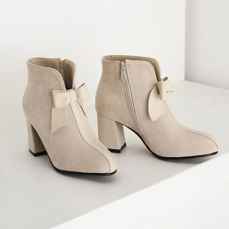 

Faux Suede Women Bow Short Boots Chunky Heels Winter Booties Female Dance Party Shoes Elegant Botas Mujer Large Size 43 WSH5424