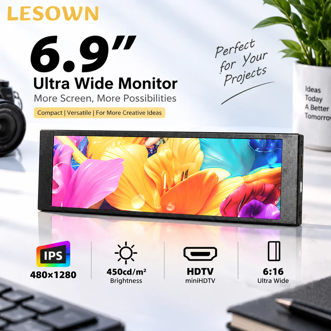 LESOWN 6.9 Inch Portable Monitor Vertical Screen 480x1280 Mini Display USB Powered HDTV Secondary Screen for PC Case DIY Project