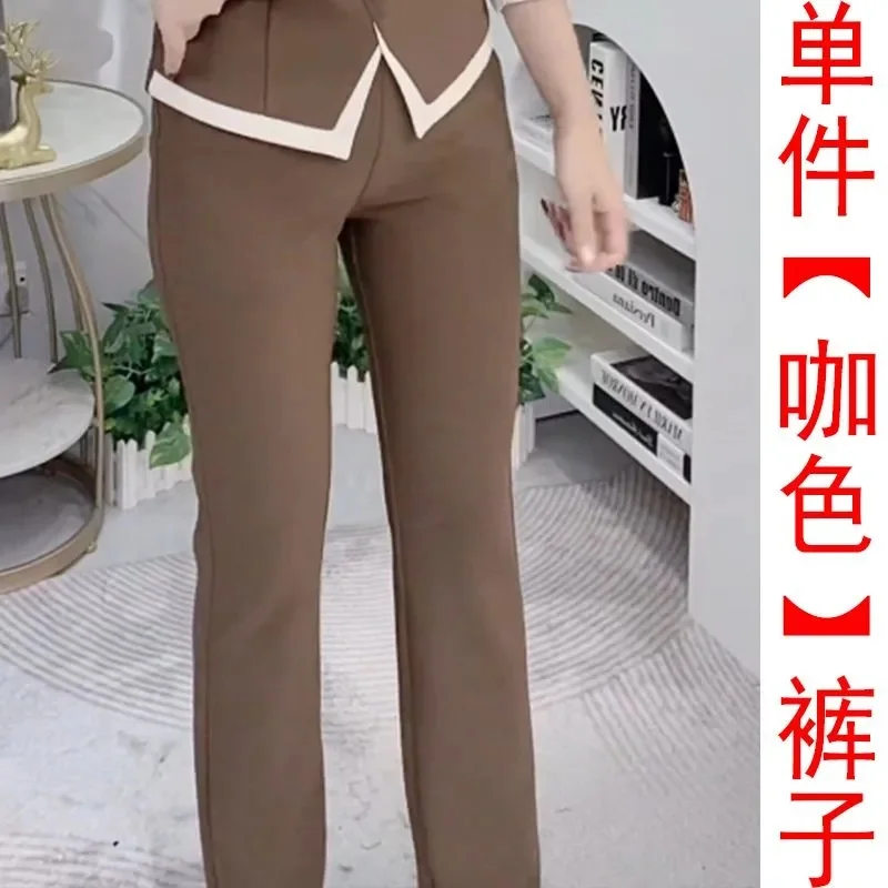 2025 primavera y otoño moda reductor de edad adelgazamiento costura falsa camisa de dos piezas abrigo con cuello + pantalones casuales traje de dos piezas
