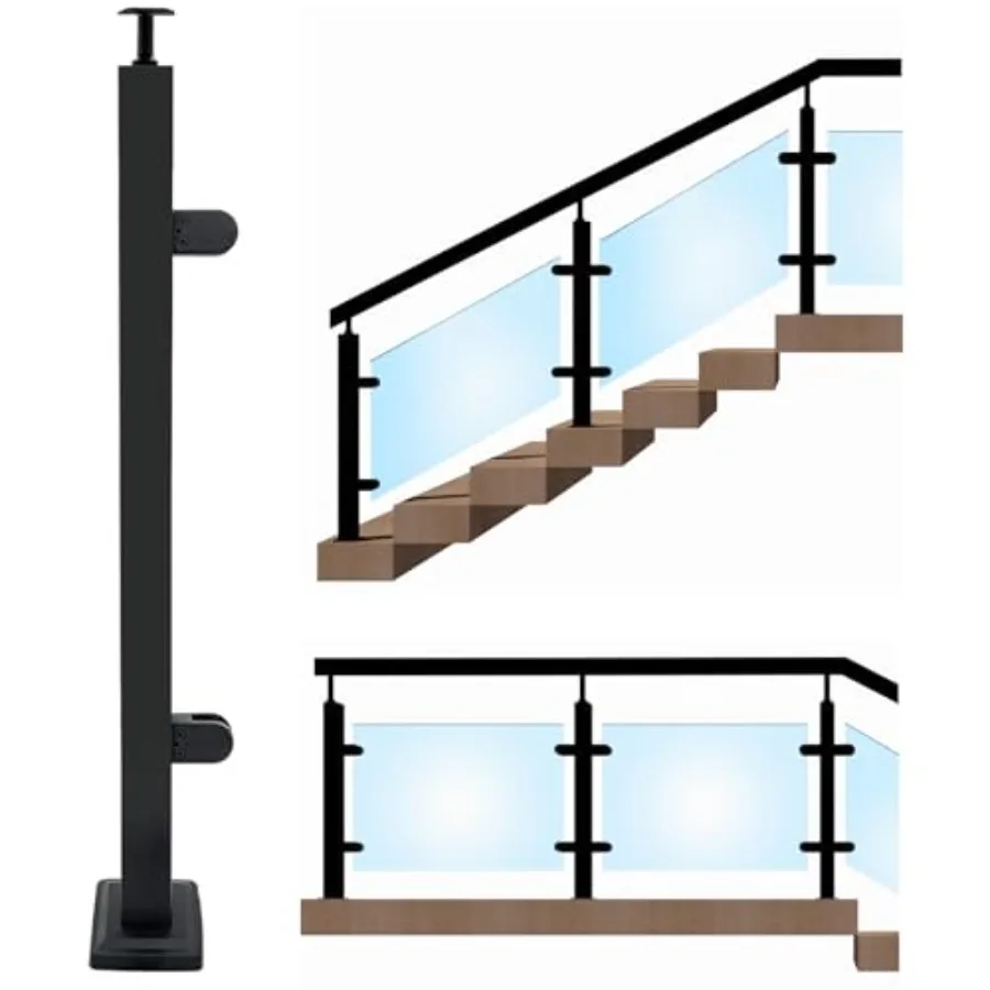 

33.46" Glass Deck Railing Post System, 304 Stainless Steel Stair Top Handrail Bracket Post with 2 Glass Clamp and Rubbers, Blac