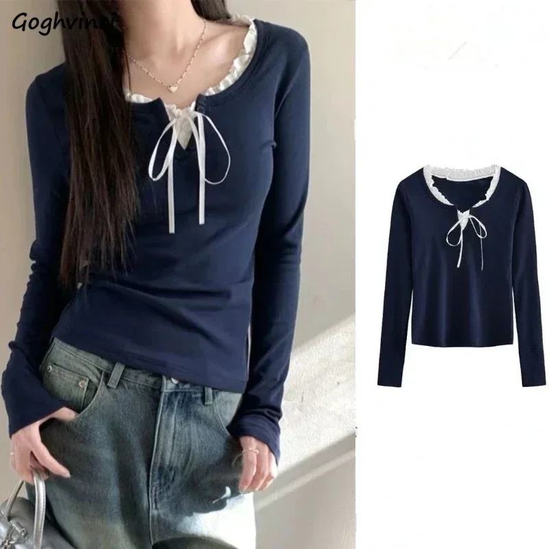 

Panelled T-shirts Women Tops Slim Cozy Sweet Long Sleeve Fashion Korean Style Aesthetic Girls Inner Clothes Soft Daily All-match