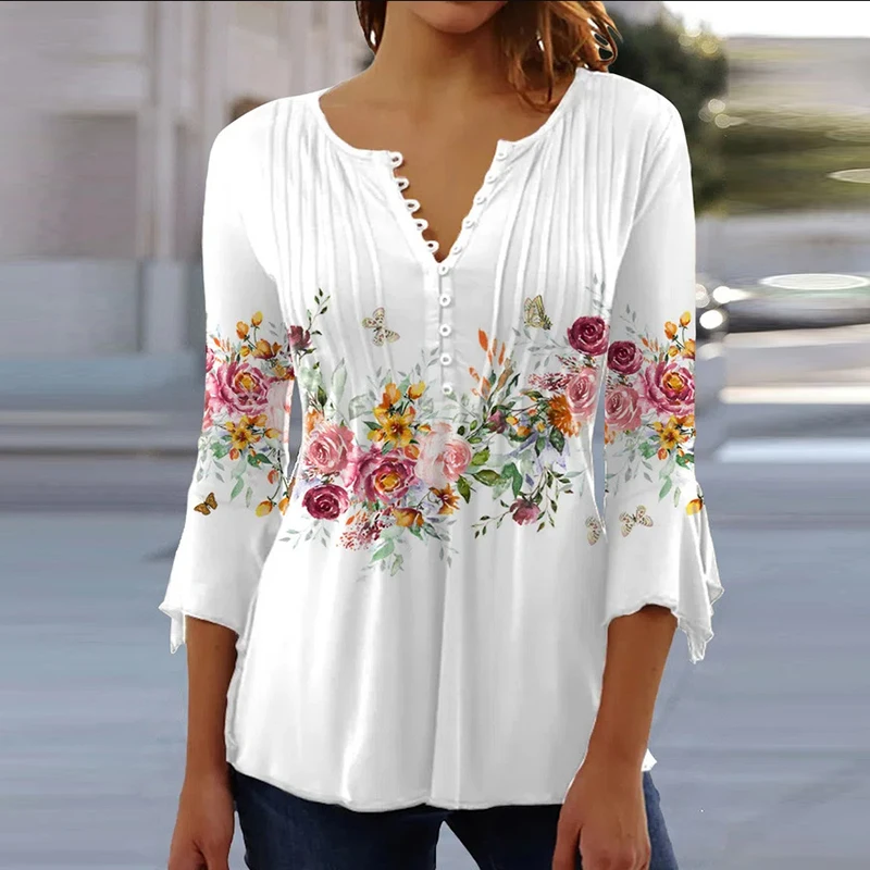 2023 Graphical Print Shirts for Women Women Spring Summer 3/4 Sleeve V Neck Buttons Blouse Shirt Ladies Long Sleeve Tops