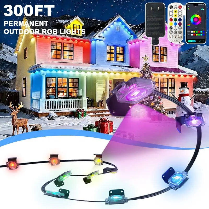 أضواء إيف الدائمة في الهواء الطلق 300FT 180LED الذكية RGBIC الطنف LED أضواء مهرجان الإضاءة الساطعة الجنية سلسلة عطلة الإضاءة