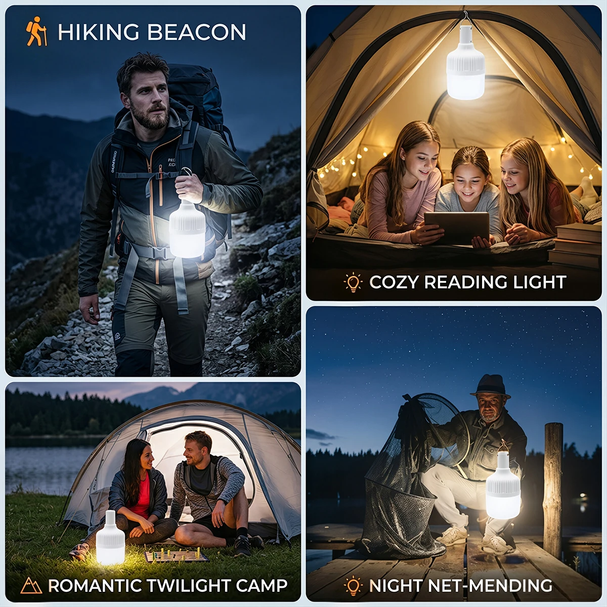 LED Camping Light Bulb 80W 1200mAh USB Rechargeable Hanging Tent Lamp Waterproof Portable Emergency Lantern Hiking Night Lights