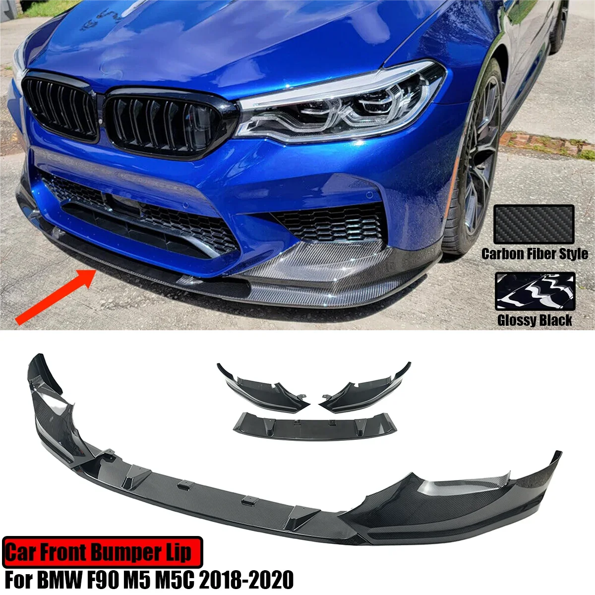 Per BMW F90 M5 M5C 2018-2020 Auto Paraurti Anteriore Labbro Nero Lucido In Fibra di Carbonio Look Spoiler Laterale Splitter Diffusore guardia Trim