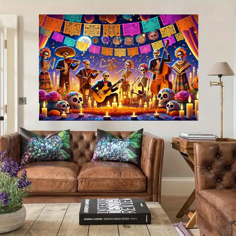 Ein 2D-Hintergrundtuch aus einfarbigem Totenkopf-Banner aus Polyester für den Tag der Toten, geeignet für Partydekoration
