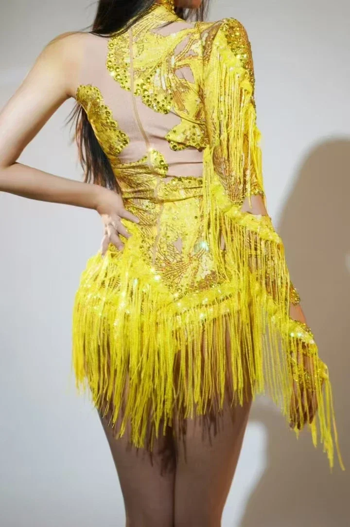 Skinny Trikot Sänger Dancer Show StageWear Funkelnde blaue Strasssteine Damen Tanzkostüm Fransen One Shoulder Bodysuit 7G