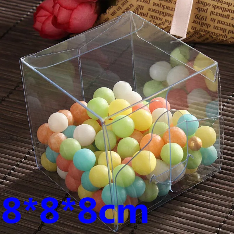 

50Pcs/lot 8*8*8cm Pvc Candy Box FOR Party Gifts Favor Decorations and Products Display and Toy Gifts Storage or Cupcake Packing