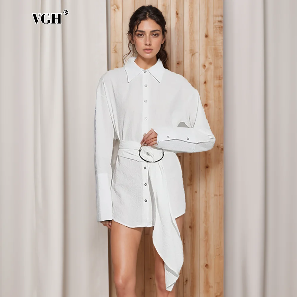 

VGH Solid Patchwork Belt Tunic Shirts For Women Lapel Long Spliced Button Sleeve Minimalist Slimming Blouses Female Style New