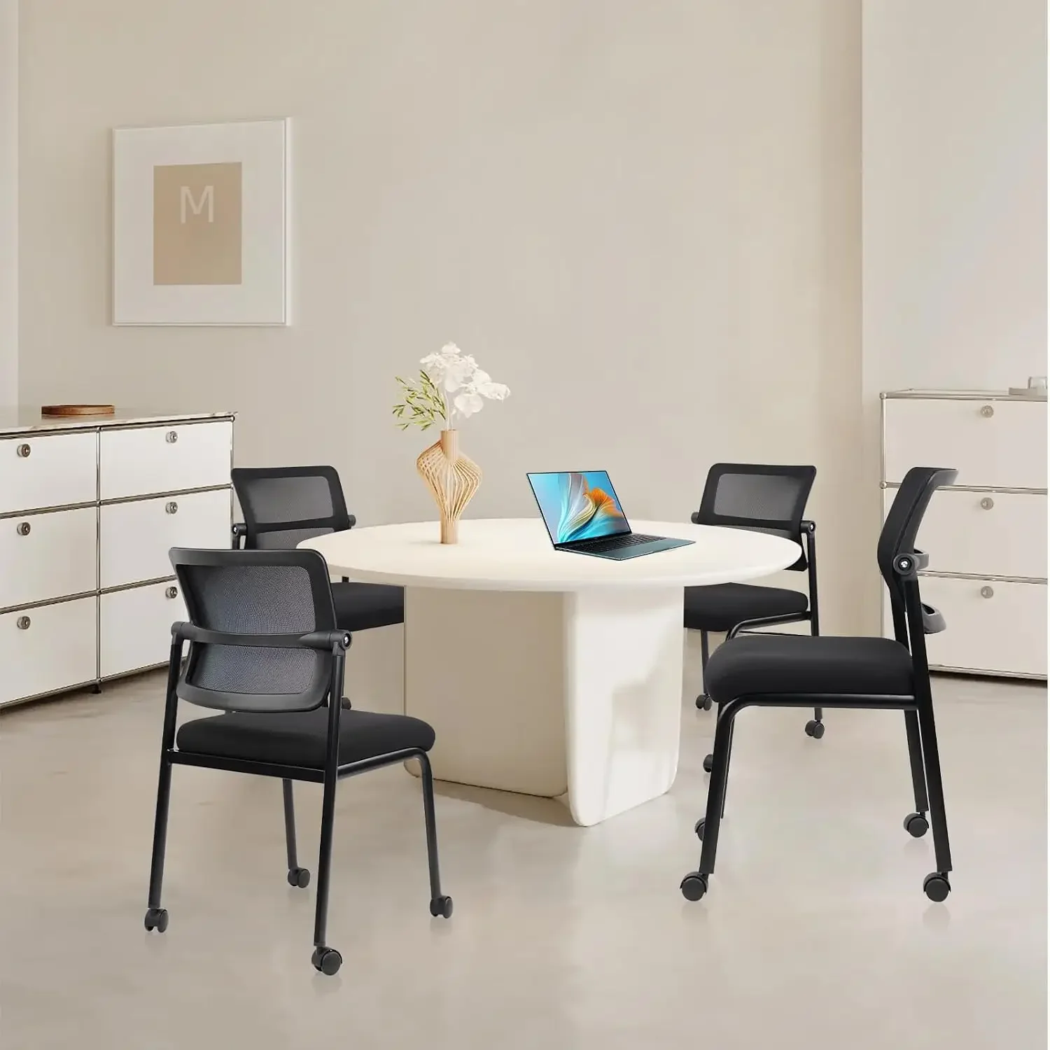 4PK Mesh Stacking Office Desk Chairs with Wheels, Portable Stackable Bulk Waiting Room Armless Chair with Adjustable Back & Fabr