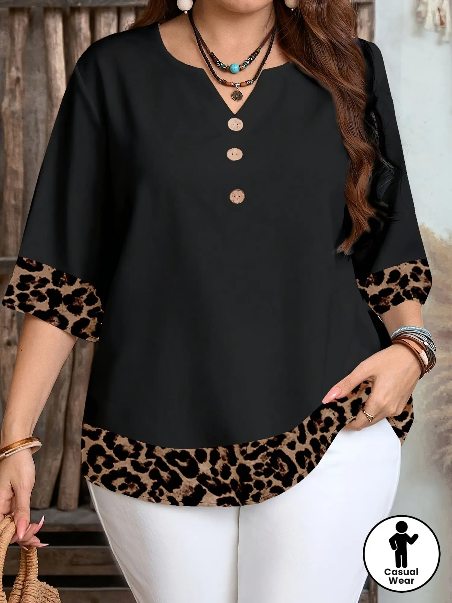 Women Notch V Neck 3/4 Sleeve Blouse Black Beige Abstract Horse Print Loose Casual Daily Top