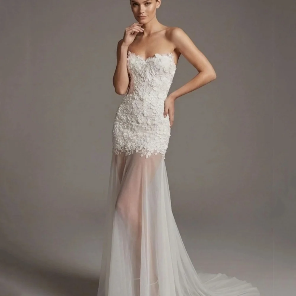 

Customized Bride Robes Lace Mermaid Illusion Wedding Dresses Bridal Gown Sexy Strapless Applique vestido de novia