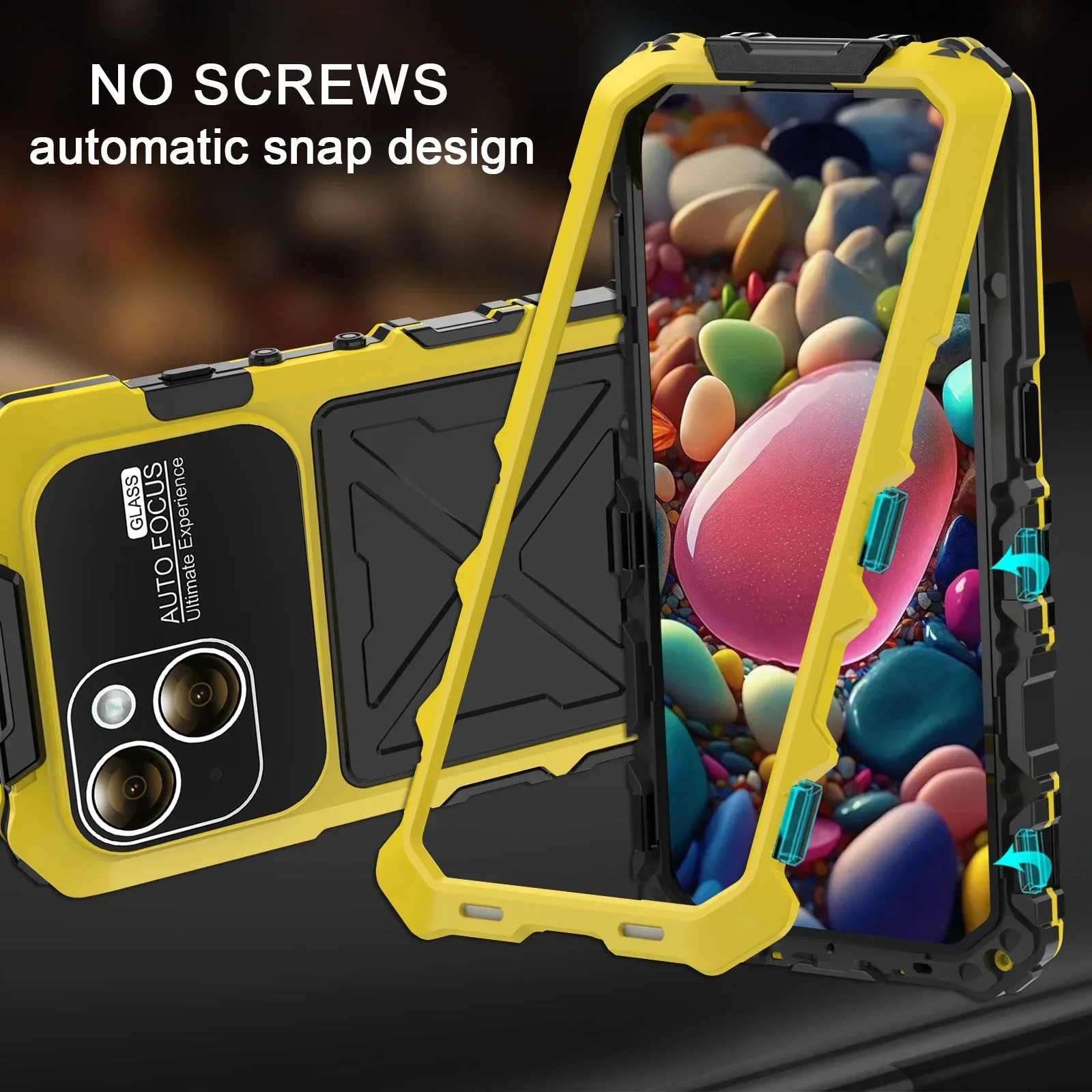 Metal Armor Phone Case For iPhone 15 Pro Max 14 Plus Heavy Duty Military Protection Shockproof Silicone Cover Screen Film Stand