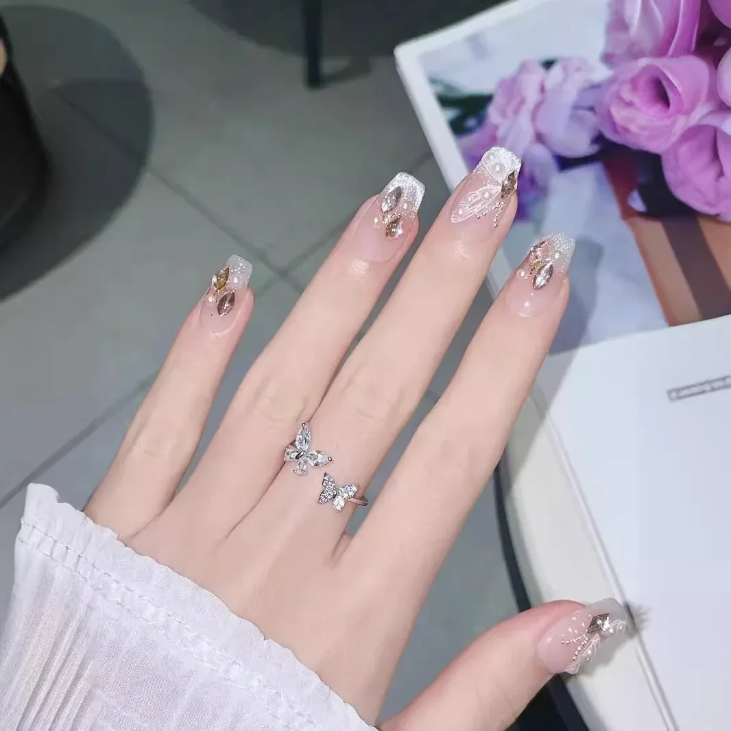 10 szt. Ręcznie robione paznokcie z dżetami i brokatem, naklejane, brokatowe, nude z pełnym zestawem sztucznych paznokci dla kobiet i dziewcząt, odpinane, do noszenia.