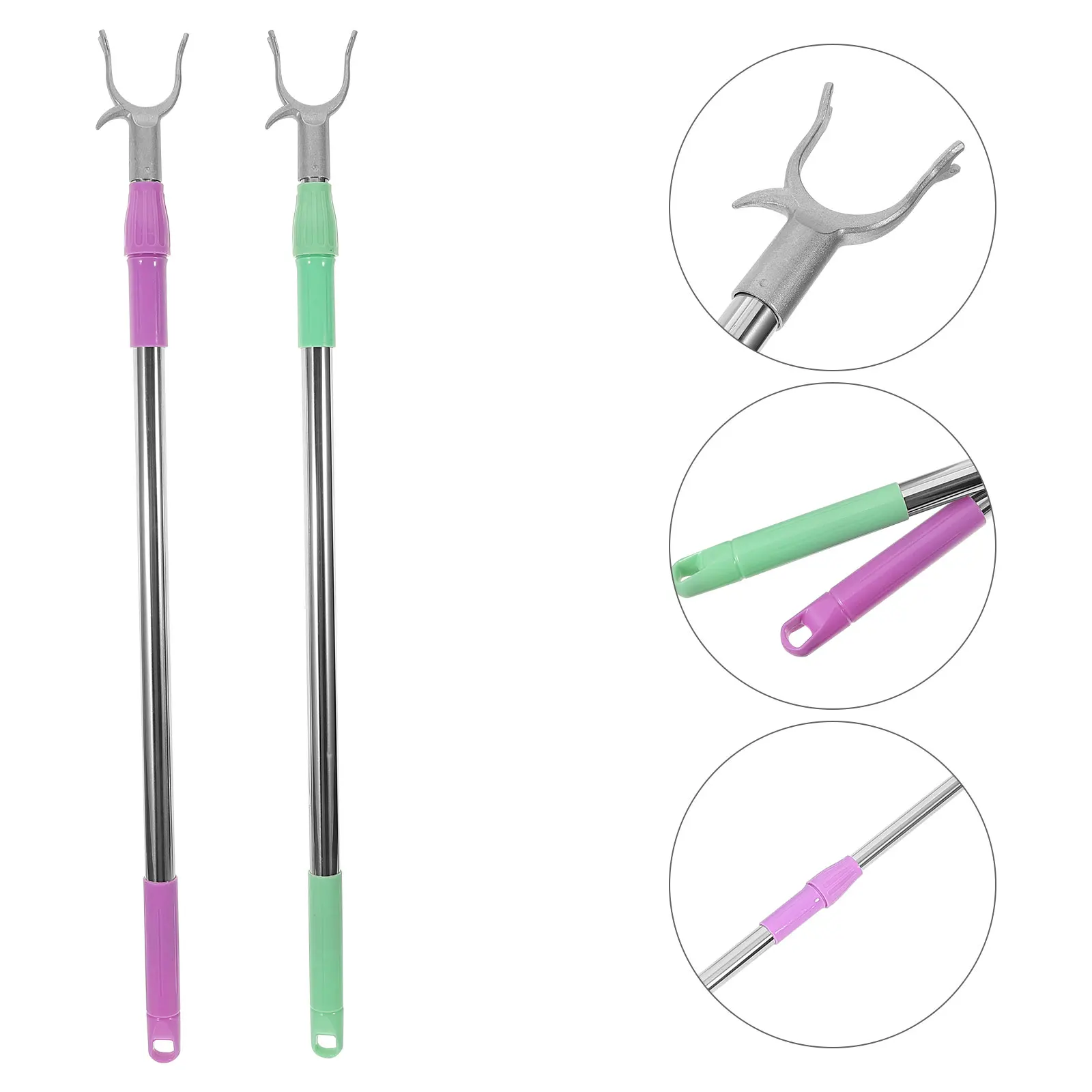 

2 Pcs Clothes Drying Rod Adjustable 70-117cm Aluminum Alloy Green Purple Fork Head Balcony Household Garment Pole Hardware