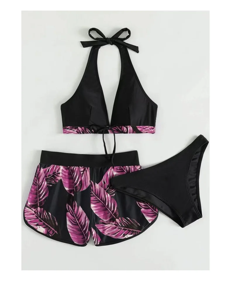Mujeres 2025 Nuevos Bikinis 6 Colores Sexy Halter Bikini Conjunto de 3 piezas Estampado de hojas Traje de baño de talle 