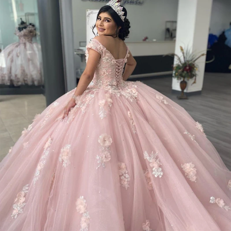 Angelsbridep Licht Roze Applicaties Off Shoulder V-hals Baljurk Quinceanera Jurken Sweet 16 Girl Party Jurk Vestido De 15 Anos