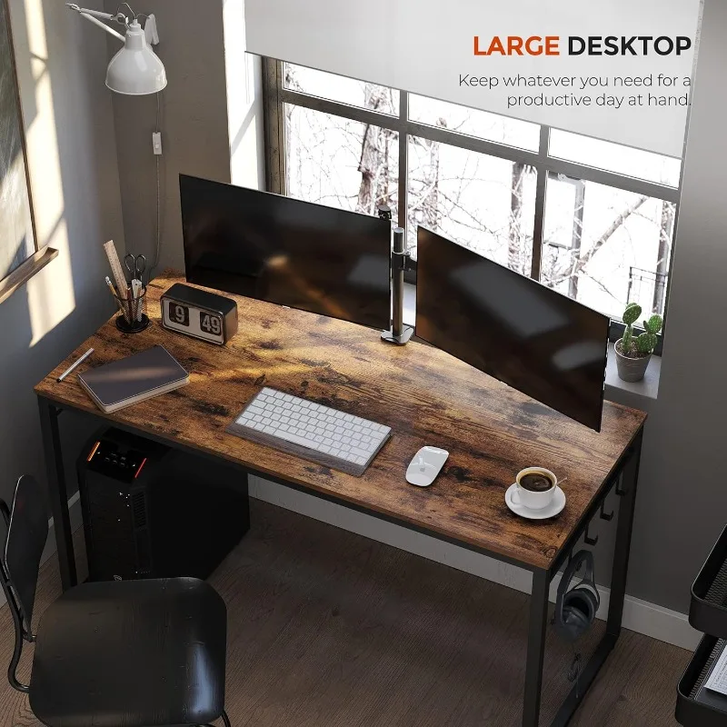 Computer Desk, Office Desk with 8 Hooks, for Study, Home Office, Easy Assembly, Industrial Design,