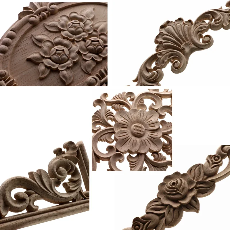 Decorative Fashion Floral Wood Carved Decal Corner Appliques Frame Wall Doors Furniture Woodcarving Wooden Figurines Crafts Home