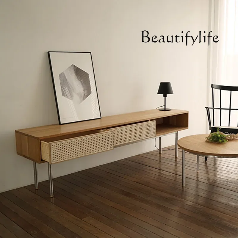 

White Oak Japanese TV Cabinet Small Apartment Living Room Rattan Door Wall Cabinet Simple TV Nordic Audiovisual Cabinet