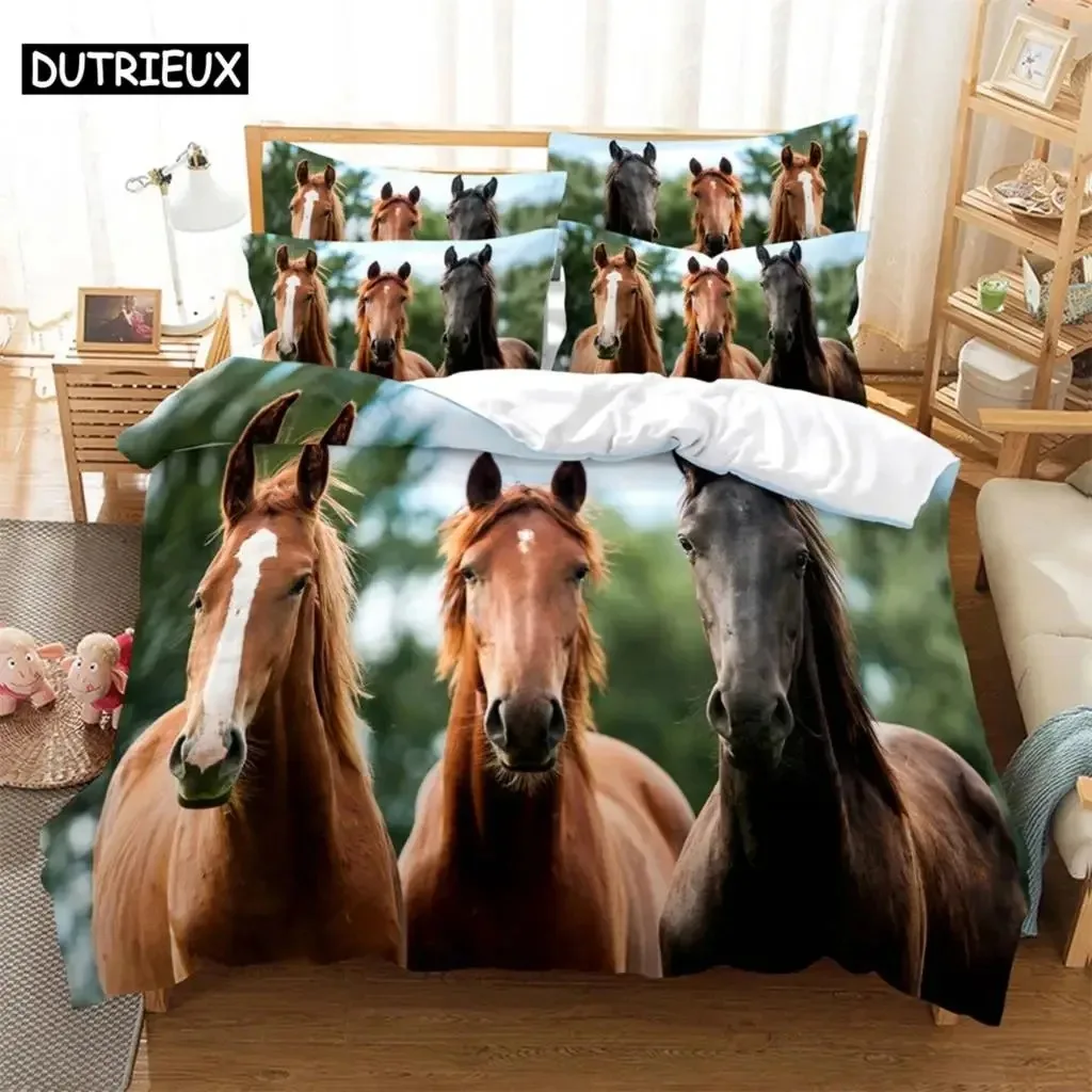 Horse Bedding 3-piece Digital Printing Cartoon Plain Weave Craft For North America And Europe Bedding Set Queen