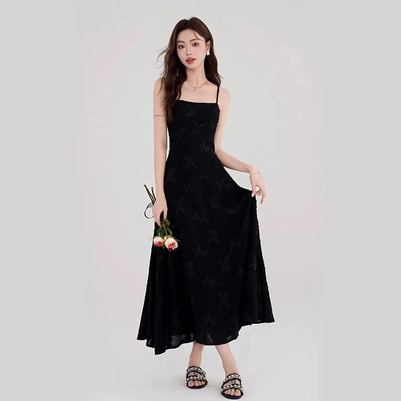 Sweet Spaghetti Strap Dress Women Summer Elegant Hepburn Style Slip Dress Y2K Female French Chic Off Shoulder Party Midi Dress