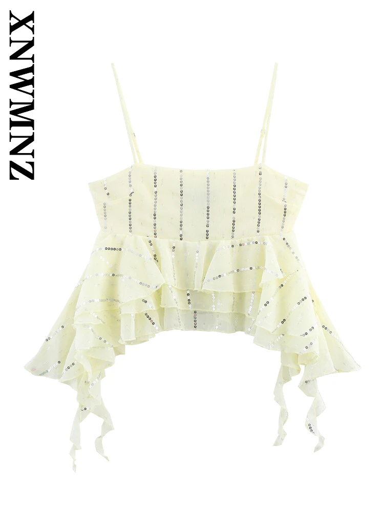 

XNWMNZ 2025 Summer Woman Sexy Fashion Shoulder Sleeveless Backless Slip Top Party Woman's thin shoulder strap Tierred Top Chic